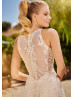 V Neck Beaded Lace Organza Illusion Buttons Back Wedding Dress
